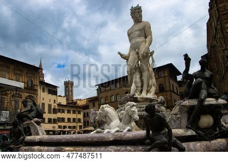 Florence, Italy, May, 17, 2023.the Fountain Of Neptune Situated In The Piazza Della Signoria. The Fo