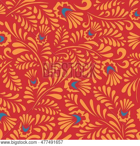 Vector Illustration Of Orange, Blue Abstract Flowers On Red Background