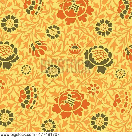 Vector Illustration Of Orange, Grey Flowers And Leaves On Yellow Background