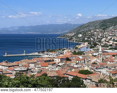 View Of The Town Of Senj In The Kvarner Bay And Residential Houses On The Slopes Of Velebit From Neh