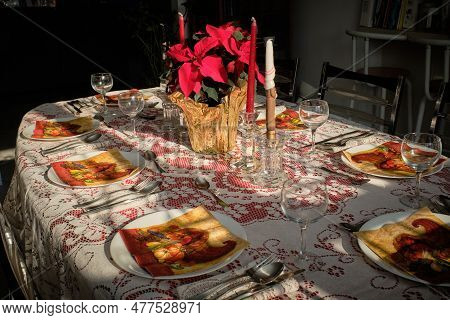 Table Prepared For Thanksgiving Dinner