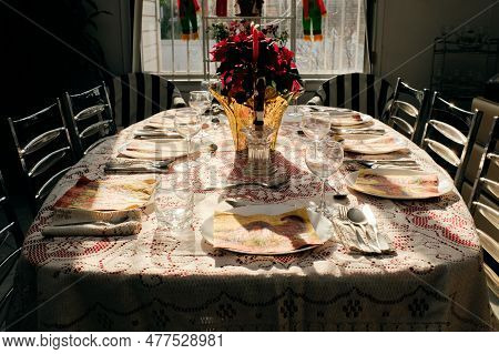 Table Prepared For Thanksgiving Dinner
