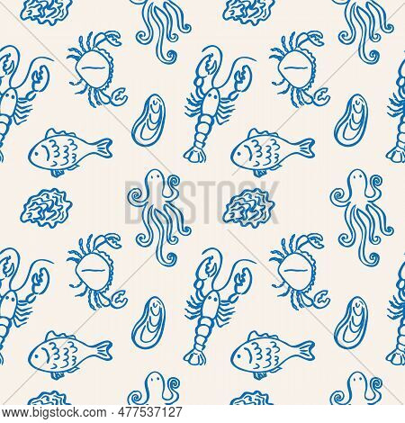 Seafood Seamless Pattern Hand Drawn Vector Illustration. Repeating Background With Fish, Oysters, Mu