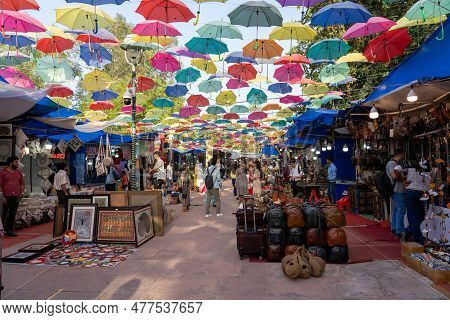 New Delhi, India - April 11, 2023: People At The Popular Dilli Haat Food And Craft Bazar.