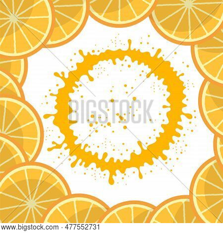 Fresh Orange Sliced Frame With Circle Orange Juicy Splatter And Juice Drops On White Background. Tro