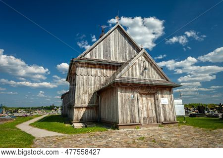 Przysiolek, Lubelskie, Poland - May 14, 2023: Historic Wooden Roman Catholic Church From 1746, Front