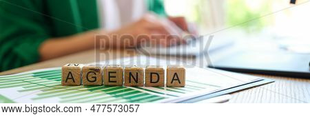 Close-up Of Agenda Word Collected With Wooden Blocks In Row. Business Of Day, Time Management Planni