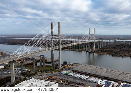 Aerial View Of Talmadge Memorial Bridge On A Sunny Day. The Talmadge Memorial Bridge Is A Bridge Spa
