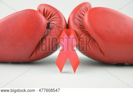 Red Ribbon With Boxing Gloves, Wrestling Symbol.