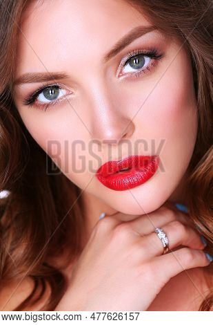 Beautiful Woman Skin With Red Lips On White Background