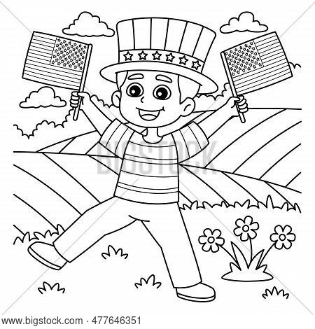 A Cute And Funny Coloring Page Of A 4th Of July Boy With Two American Flag. Provides Hours Of Colori