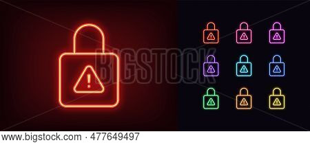 Outline Neon Lock Warning Icon. Glowing Neon Lock With Exclamation Mark, Hacking Attempt. Cyber Secu