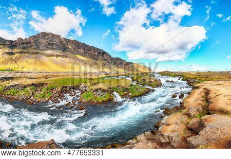 Breathtaking View Of Fossalar, One Of The Gems Of Skaftarhreppur. Small Waterfall Near Skaftarhreppu