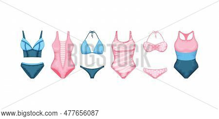 A Set Of Swimsuits. A Separate Swimsuit And A One-piece Swimsuit In Pink, Blue And Blue Colors. Coll