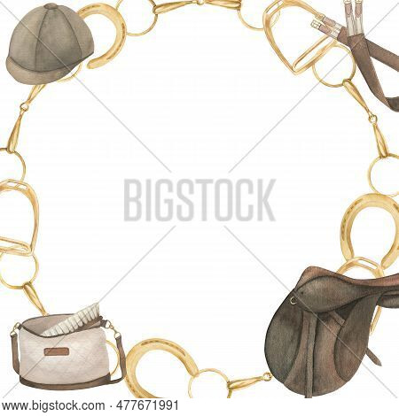 Watercolor Illustration Of A Square Frame With Golden Horseshoes, Stirrups, Saddle, Bag With Cleanin
