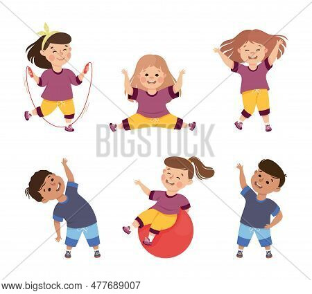 Children Engaged In Physical Education Doing Various Sports During Class At School Vector Illustrati