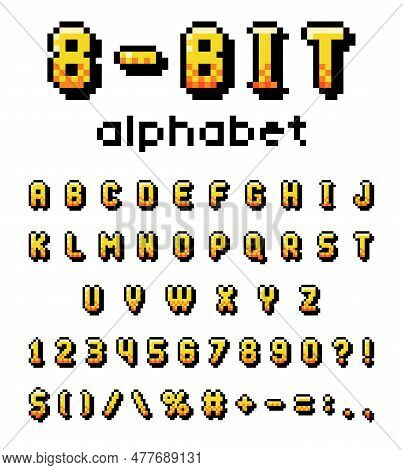 Pixel 8 Bit Font And Alphabet Letters And Numbers Vector Set