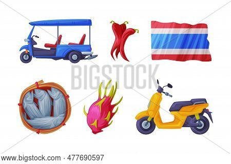 Thailand Symbols And Object With Electric Rickshaw, Moped, Flag, Fish, Dragon Fruit And Chili Pepper