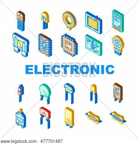 Component Electronic Chip Icons Set Vector. Microchip Circuit, Hardware Engineering, Part Processor,