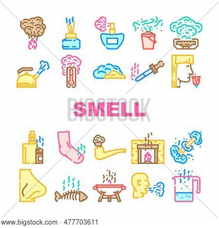 Smell Nose Aroma Odor Icons Set Vector. Sense Gas, Air Line, Smoke Cloud, Fragrance Fresh, Bad Loss,