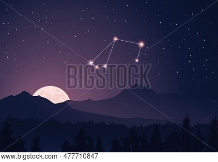 Vector Constellation Tucana In Dark Purple, Starry Sky. Misty Hills, Rising Moon, Dark Forest, Mount
