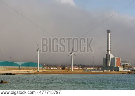 Shoreham Harbour In West Sussex, England. Wind Turbines And Gas Powered Electricity Generating Stati