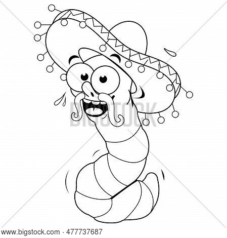 Cartoon Tequila Worm With A Mexican Sombrero Hat. Vector Black And White Coloring Page.