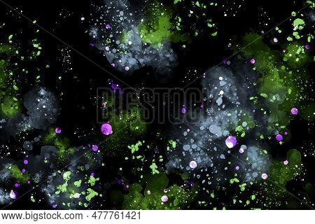 Watercolor Abstract Background. Green, Gray And Purple Watercolor Stains And Specks On A Dark Backgr