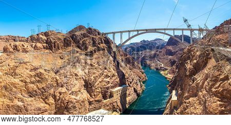 Panorama Of Mike O'callaghan-pat Tillman Memorial Bridge In Colorado River At Nevada And Arizona Bor