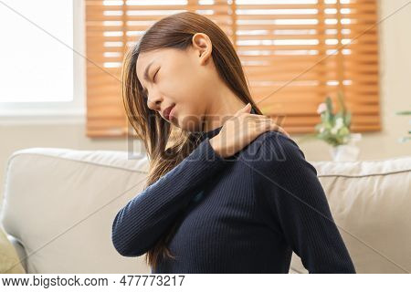 Body Muscles Stiff Problem, Asian Young Attractive Woman, Girl Pain With Back Pain Ache From Work, H