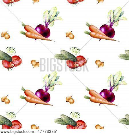 Watercolor Vegetable Pattern: Onion, Carrot, Beetroot, Zucchini, Eggplant, Cucumbers, Tomatoes, Pepp