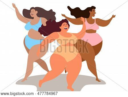 Bodypositive, Inclusive Concept. Different Races Active Womans Plus Size Happy Dancing In A Bikini. 