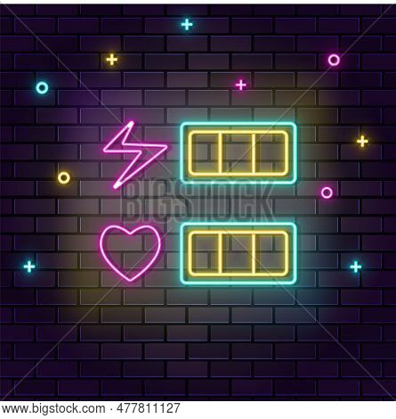 Life Bar Hearts Retro Style Neon On Wall. Dark Background Brick Wall Neon Icon