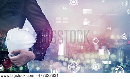 Future Building Construction And Inventive Engineering Project Concept With Hud Hologram Graphic Des