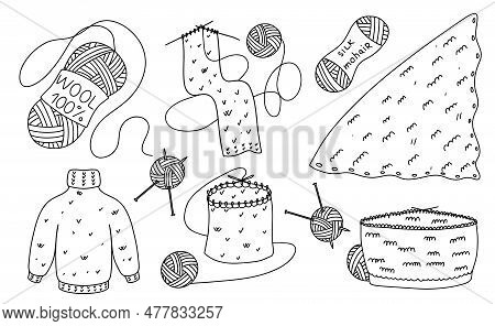 Knitting Set In Hand Drawn Doodle Style. Vector Illustration Isolated On White. Coloring Page.