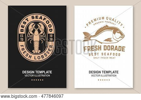 Set Of Fresh Seafood Retro Poster, Banner With Lobster And Dorado. Vector Illustration. For Seafood 