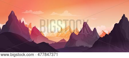 Mountains Landscape During Sunset Background With Lake Sunlit And Dark Peaks Flat Vector Illustratio