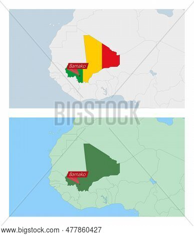 Mali Map With Pin Of Country Capital. Two Types Of Mali Map With Neighboring Countries. Vector Templ