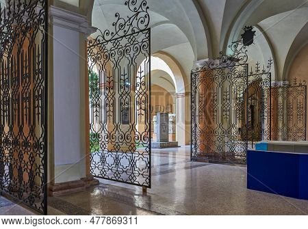 Modena, Italy - March 5, 2019: The Entrance Gates Of The Palazzo Dei Musei (museum Palaces)