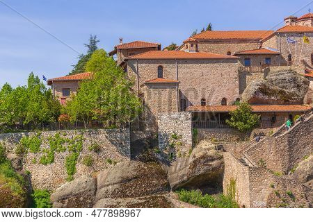 The Great Meteoron Monastery And Cable Car With Supplies For Monks In Kalambaka, Trikkala, Greece
