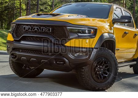 Novosibirsk, Russia - June  01, 2023:  Yellow Dodge Ram Trx Havok Edition, Pickup Parked In  Park, F