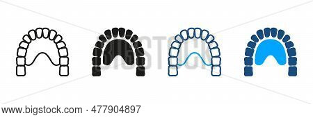 Maxilla, Lower Jaw Pictogram. Human Jaw With Teeth And Tongue Silhouette And Line Icons Set. Jawbone