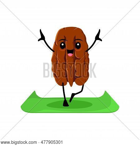 Cartoon Happy Pecan Nut Character Yoga Or Pilates Fitness Sport. Vector Cute Seed Stand On Mat In Yo