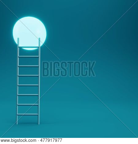 Ladder Reach A Glowing Spehere In Dark Blue Empty Room. 3d Rendering