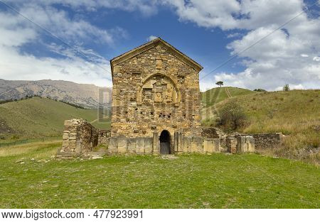 Ingushetia, Russia: April 29, 2023 - Medieval Christian Stone Temple Tkhaba Erdy, Built In Viii Cent