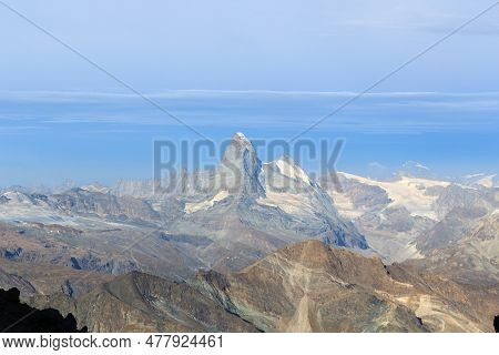 Panorama View With Mountain Matterhorn Seen From Allalinhorn In Pennine Alps, Switzerland
