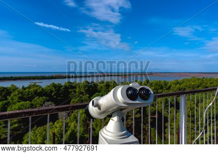 Panoramic Binoculars At Divjake-karavasta National Park In Albania. Beautiful Landscape. Travel Conc