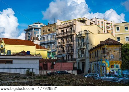 Durres, Albania November 15 2022: Colorful Facades Of Buildings In Durres, Albania