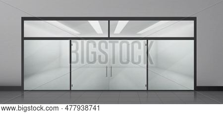 3d Front Glass Window And Door In Store Mockup. Realistic Empty Office Or Storefront Showroom Boutiq