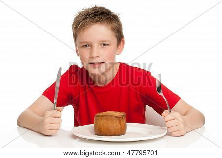 돼지고기 파이 먹고 잘생긴 젊은 소년